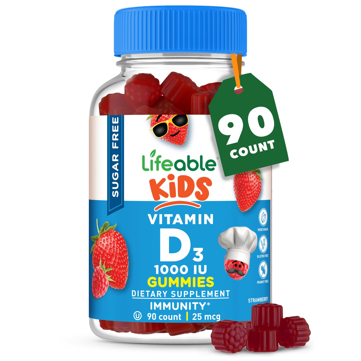 Flacon de gommes à mâcher Vitamine D Lifeable 1000 IU saveur fraise