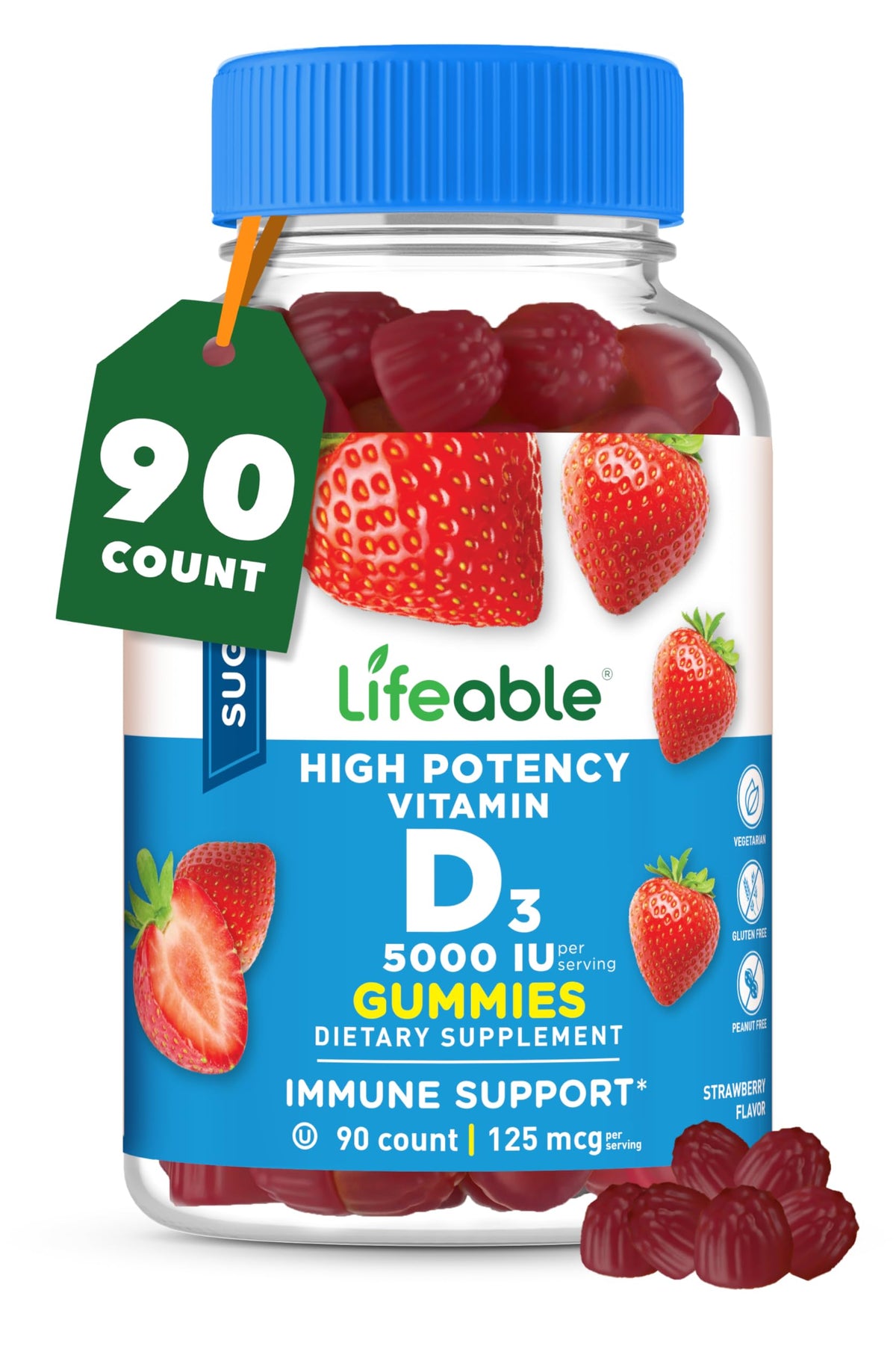 Flacon de gommes Lifeable Vitamine D 5000 IU avec 90 gommes au goût de fraise