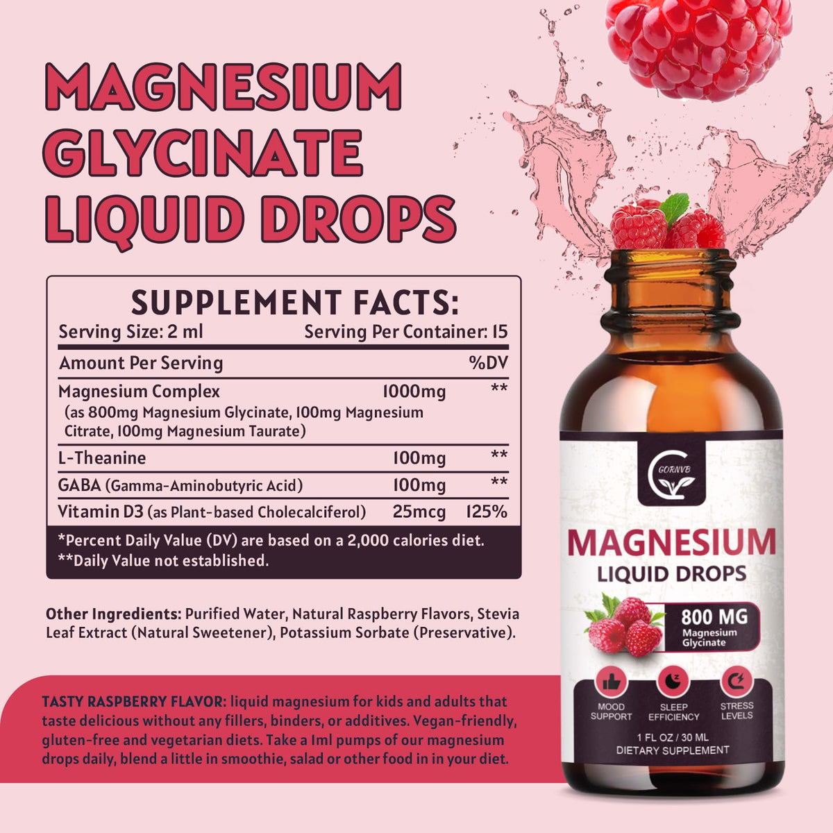 Flacon de GORNVB Magnésium Liquide 1000mg avec étiquette et dosage