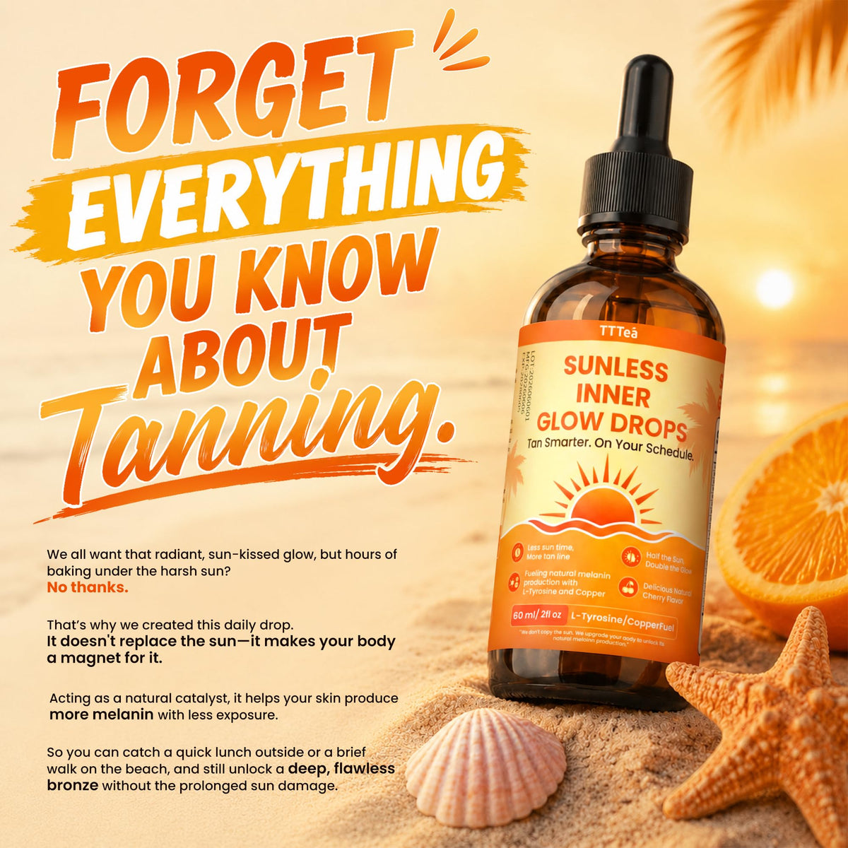 Flacon de gouttes autobronzantes TTTea 150g avec étiquette visible