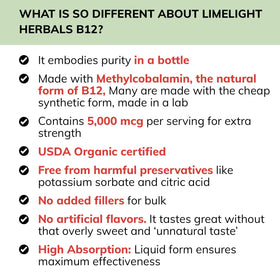 Flacon de gouttes B12 bio LIMELIGHT HERBALS avec une cuillère doseuse