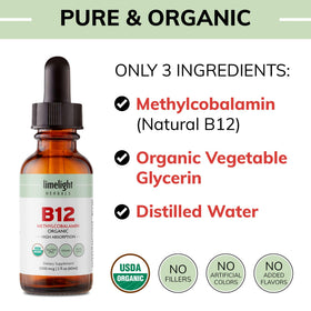 Flacon de gouttes B12 bio LIMELIGHT HERBALS sur une table en bois