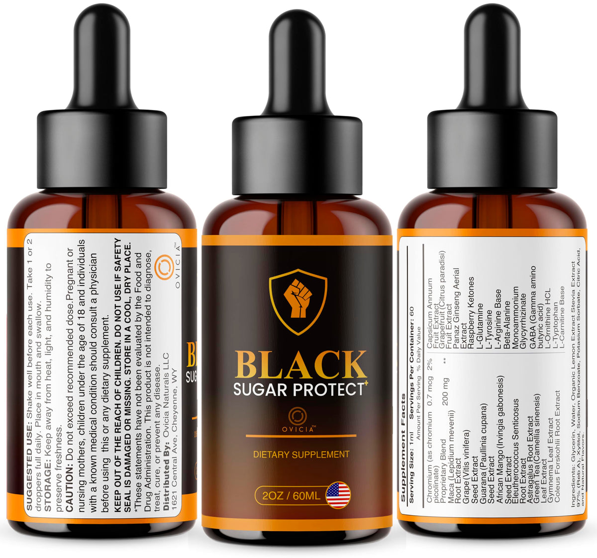 Flacon de gouttes Black Sugar Protect OVICIA avec son emballage