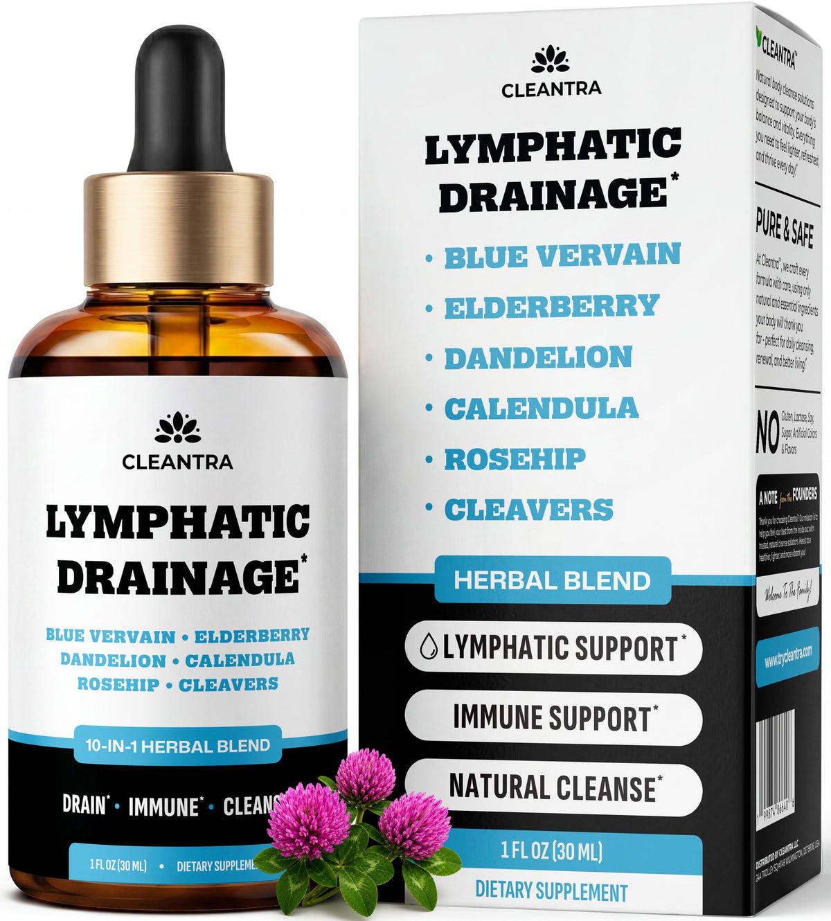 Flacon de gouttes Cleantra soutien drainage lymphatique 10-en-1 vue de face