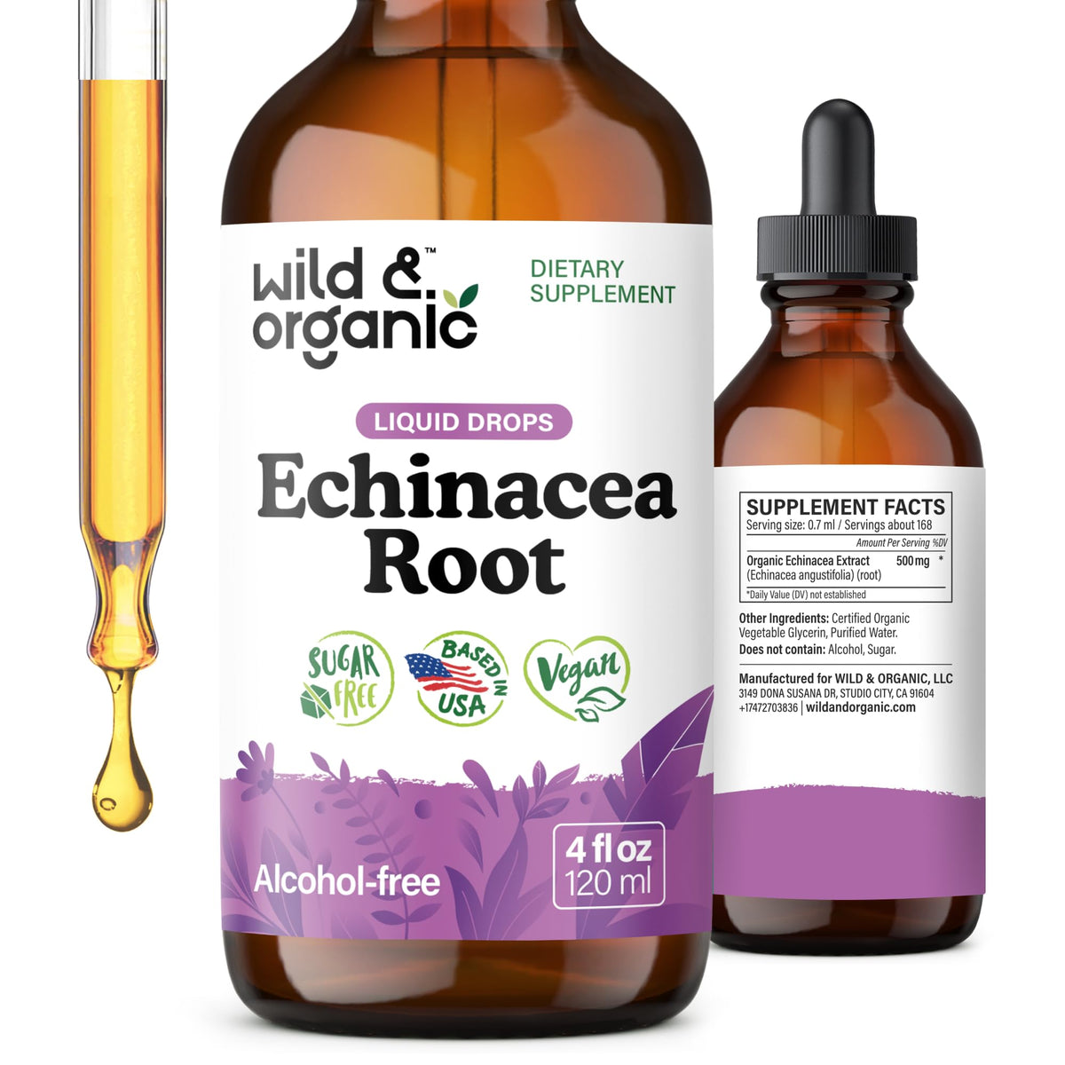 Flacon de gouttes d'échinacée Wild & Organic 500 mg, vue avant