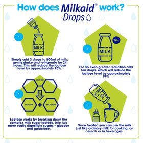 Flacon de Gouttes d'Enzyme Lactase Milkaid avec étiquette et dosage