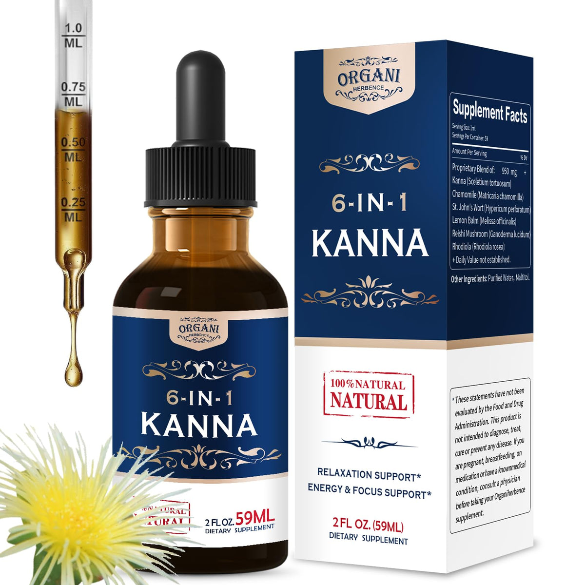 Flacon de gouttes d'extrait Kanna ORGANIHERBENCE 60 ml vue de face