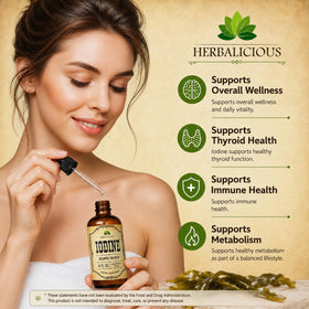 Flacon de gouttes d'iode HERBALICIOUS avec étiquette visible