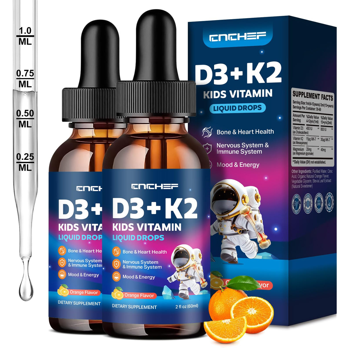 Flacon de gouttes D3 K2 CNCHEF 60ml avec étiquette orange