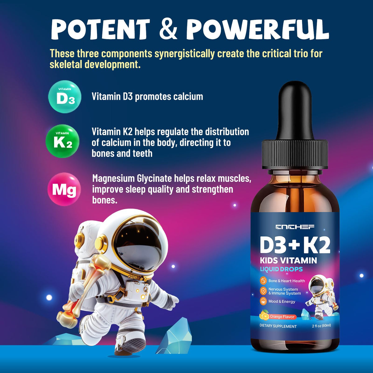 Flacon de gouttes D3 K2 CNCHEF avec une orange à côté