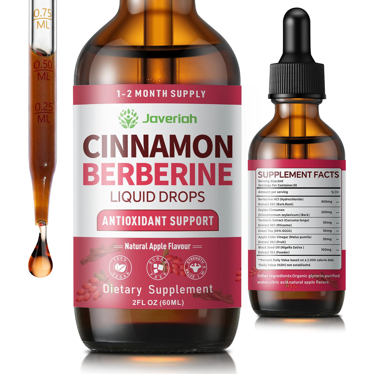 Flacon de gouttes de berbérine Javeriah avec cannelle de Ceylan 60ml vue de face