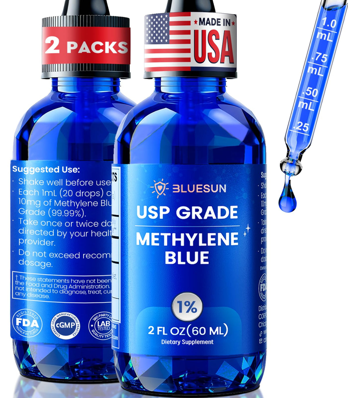 Flacon de gouttes de bleu de méthylène Bluesun 1% 60 mL vue avant