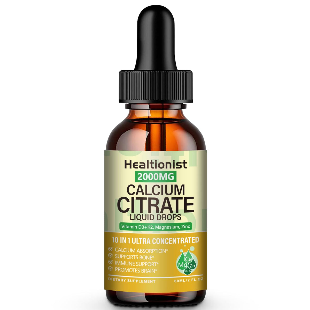 Flacon de gouttes de Calcium Citrate 2000mg Healtionist vue de face