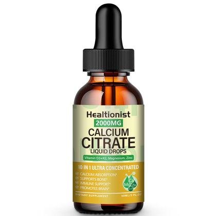 Flacon de gouttes de Calcium Citrate 2000mg Healtionist vue de face