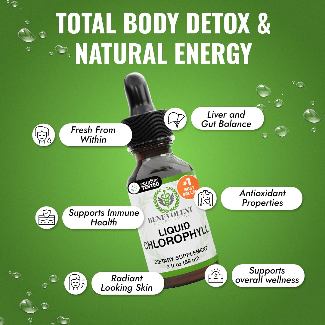 Flacon de gouttes de chlorophylle liquide Benevolent sur fond blanc