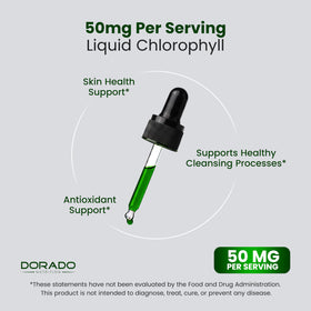 Flacon de gouttes de chlorophylle liquide DORADO NUTRITION sur fond blanc