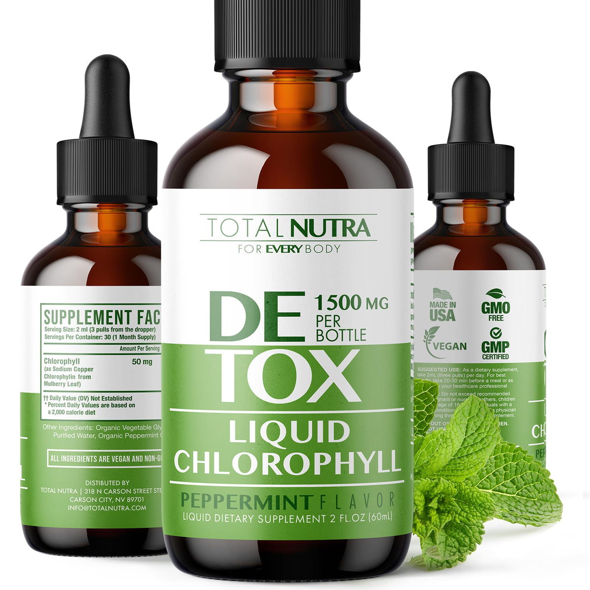 Flacon de gouttes de chlorophylle liquide Total Nutra 50mg, menthe, vue de face