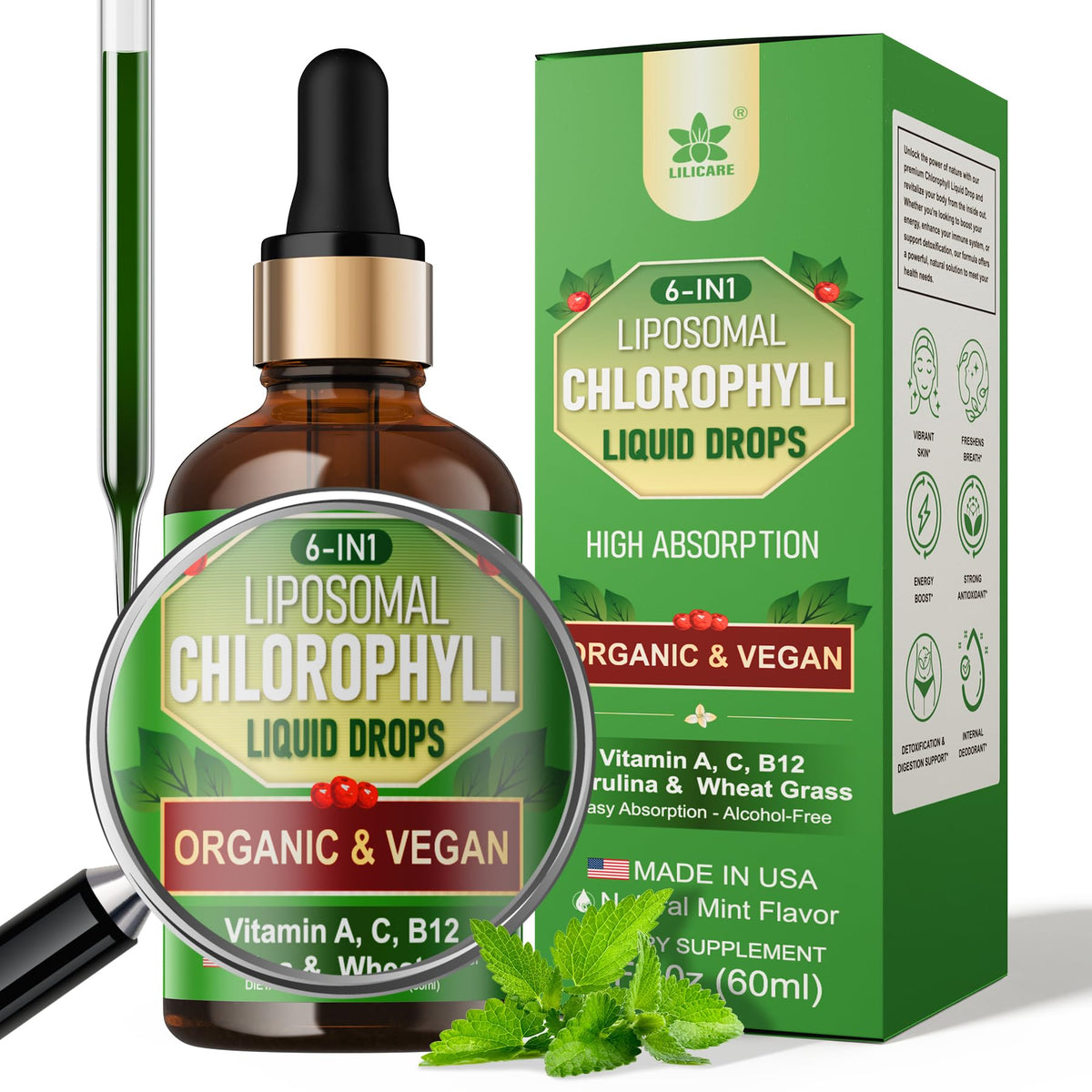 Flacon de gouttes de chlorophylle liquides liposomales LILICARE 60ml