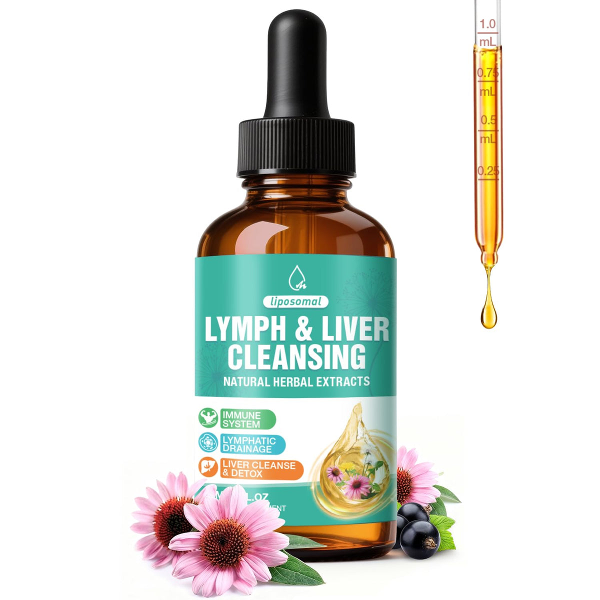 Flacon de gouttes de drainage lymphatique MaxHemp 23 en 1, vue de face