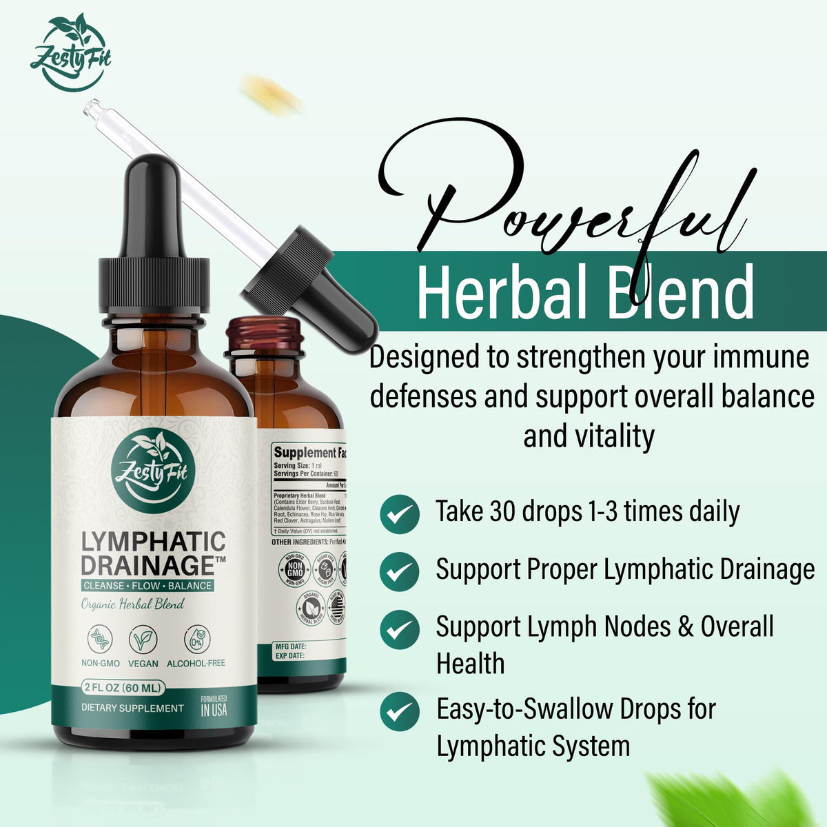 Flacon de Gouttes de Drainage Lymphatique zestyfit avec plantes autour