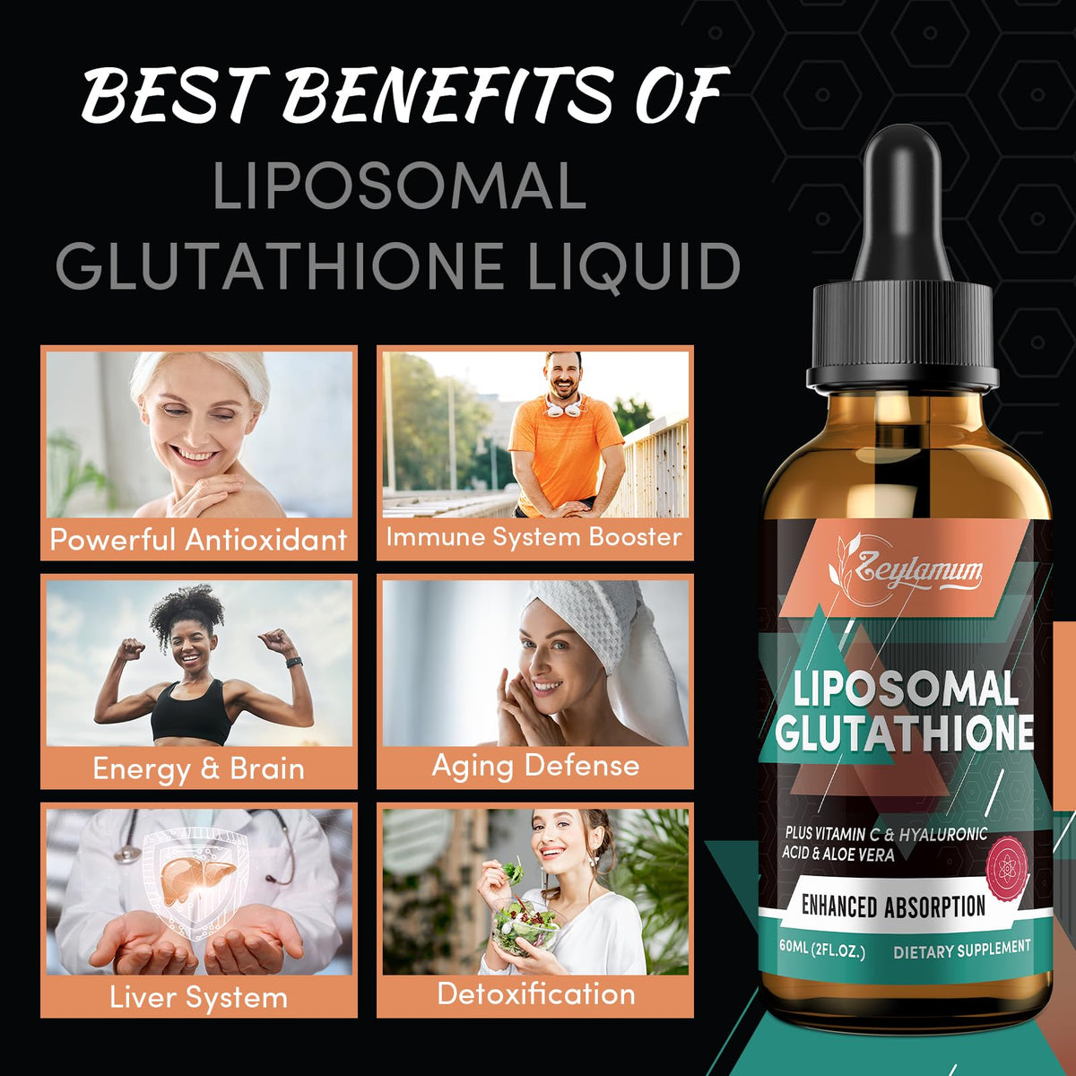 Flacon de gouttes de glutathion Zeylamum avec ingrédients listés