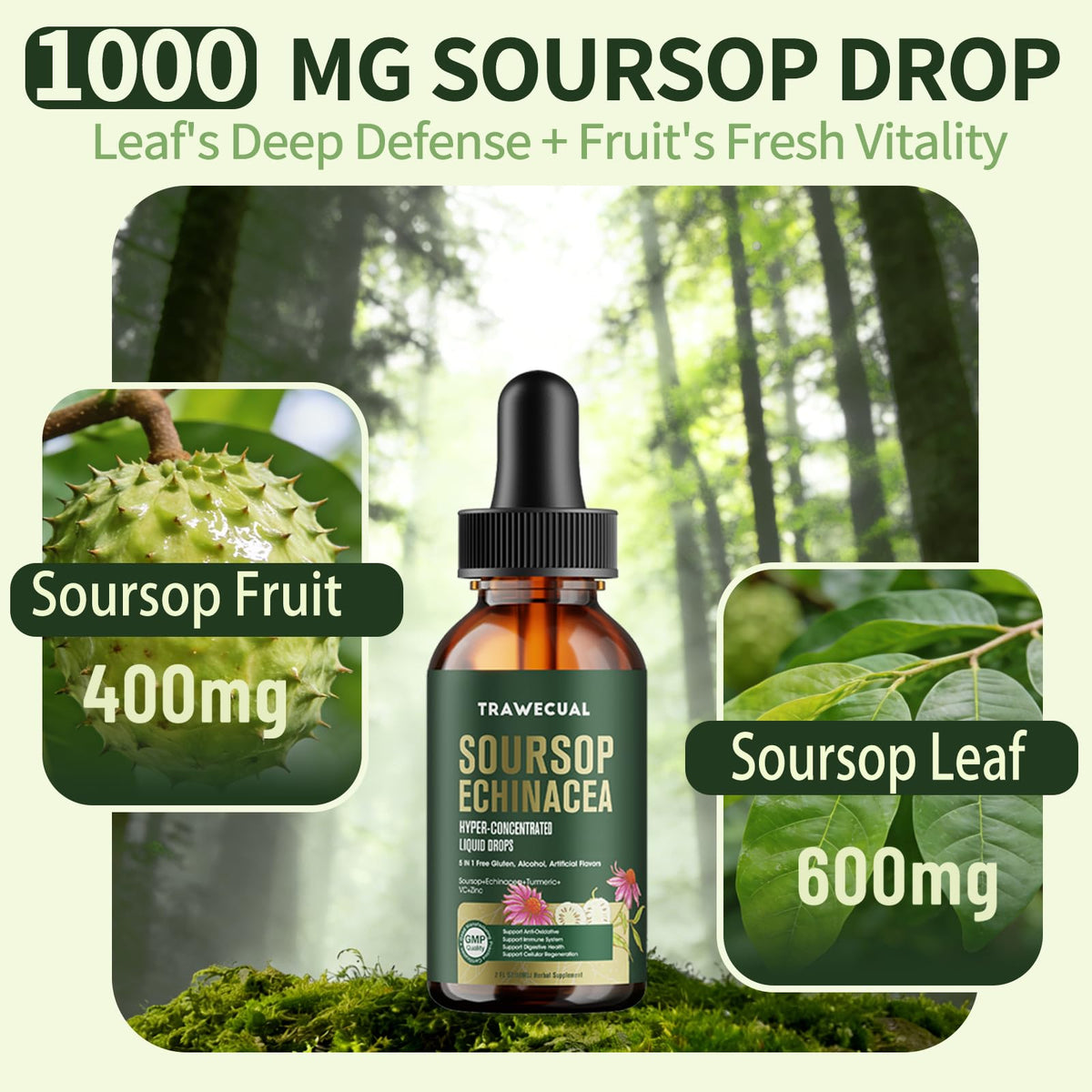 Flacon de gouttes de graviola Trawecual 1000mg 300mg avec étiquette