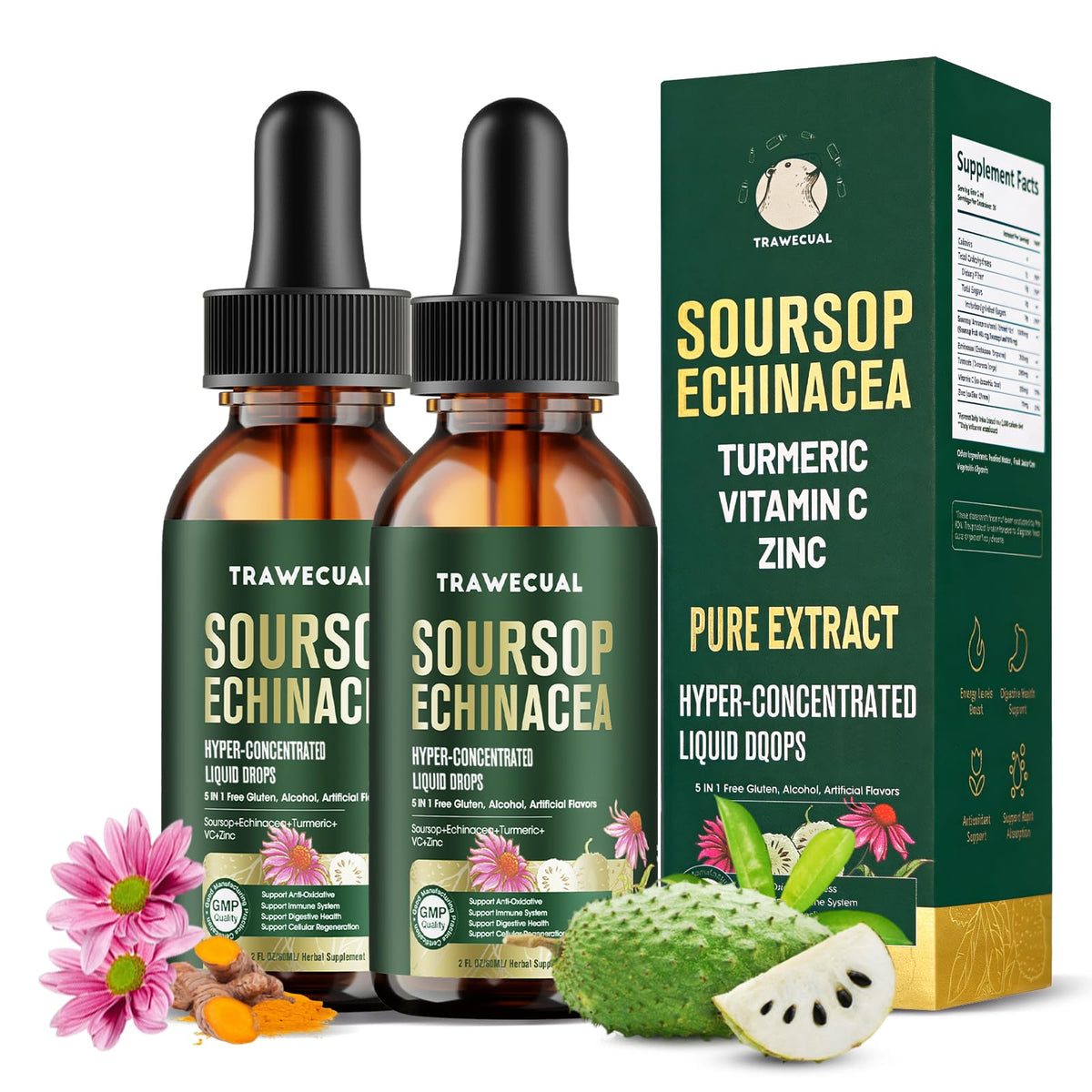Flacon de gouttes de graviola Trawecual 1000mg 300mg vue de face