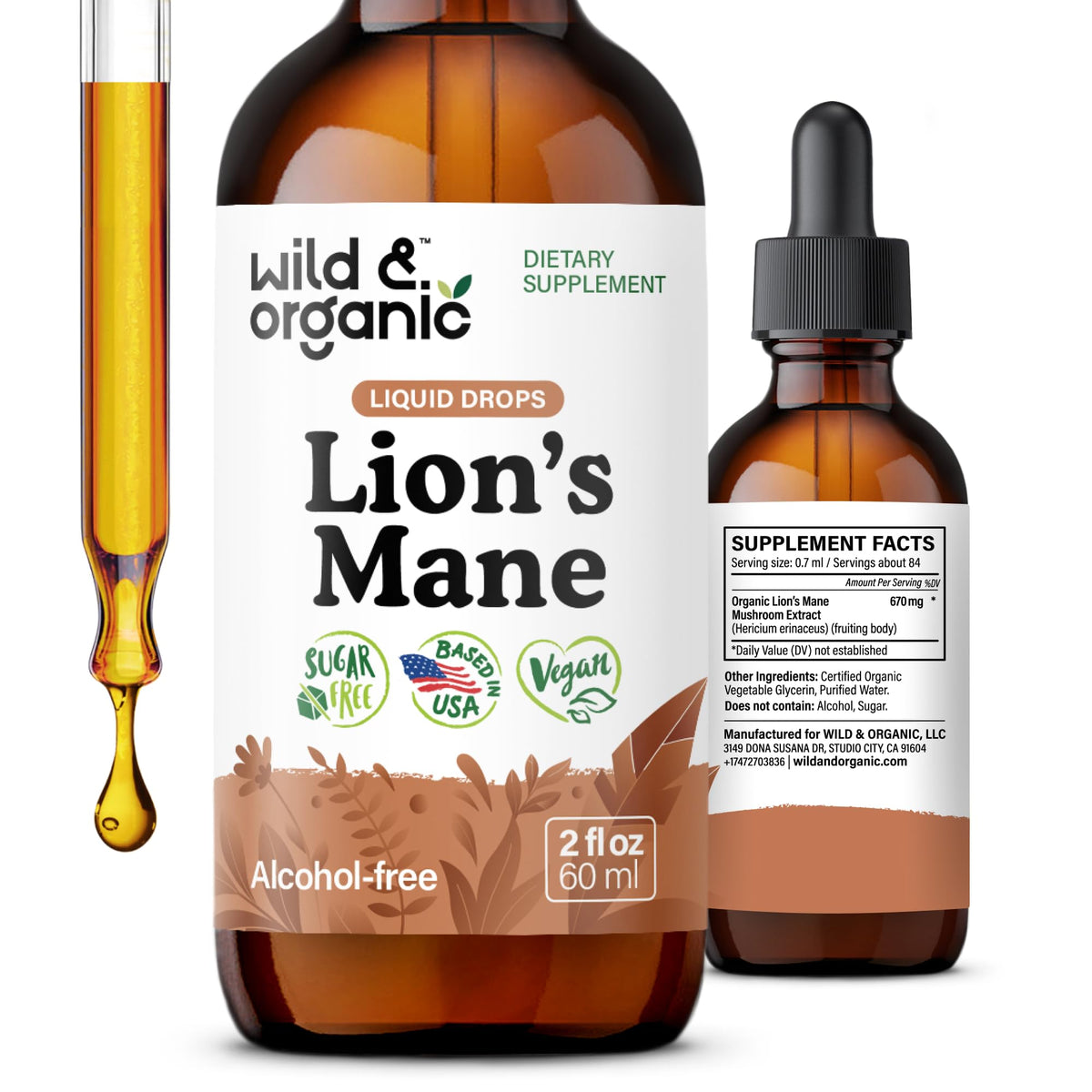 Flacon de gouttes de Lion's Mane Wild & Organic 60 ml vue de face
