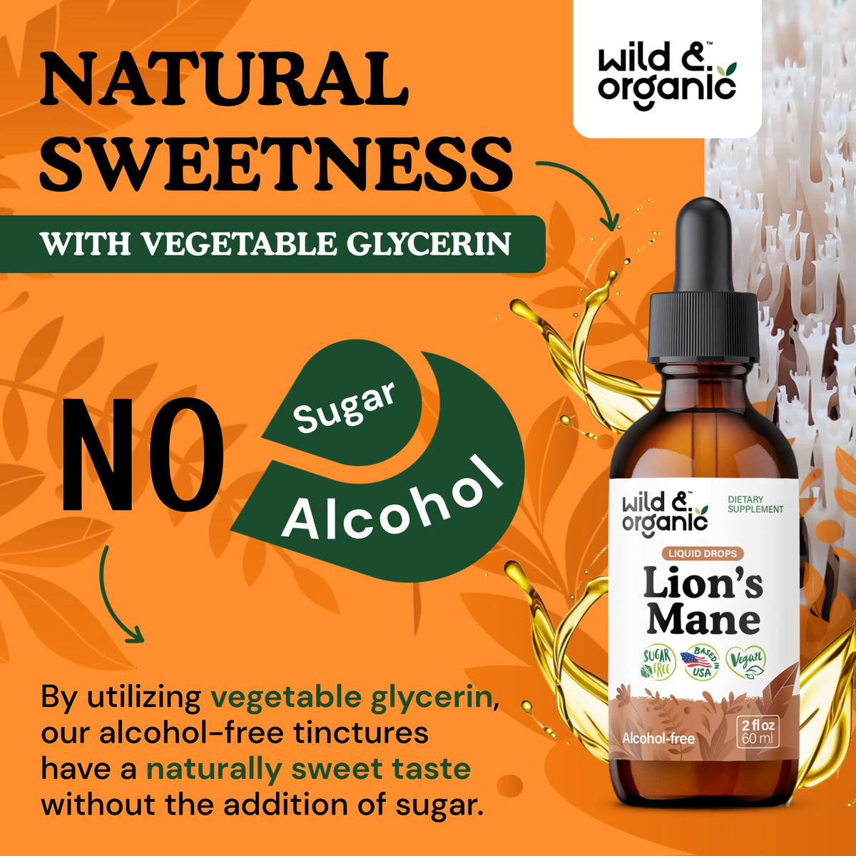 Flacon de gouttes de Lion's Mane Wild & Organic avec un verre d'eau