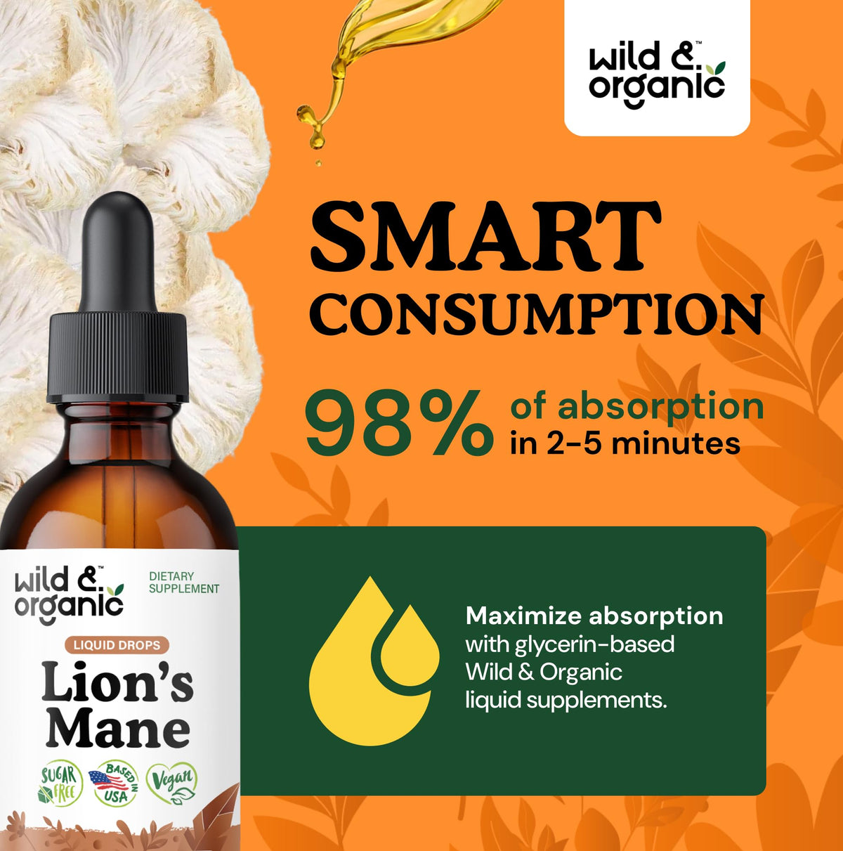 Flacon de gouttes de Lion's Mane Wild & Organic sur une surface en bois