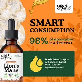 Flacon de gouttes de Lion's Mane Wild & Organic sur une surface en bois