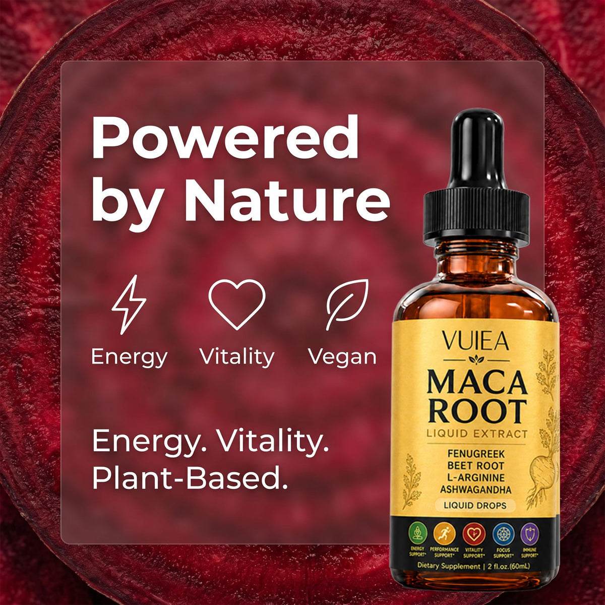 Flacon de gouttes de maca WHDEOW avec étiquette visible