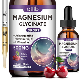 Flacon de gouttes de magnésium glycinate 500mg dilib avec étiquette cerise