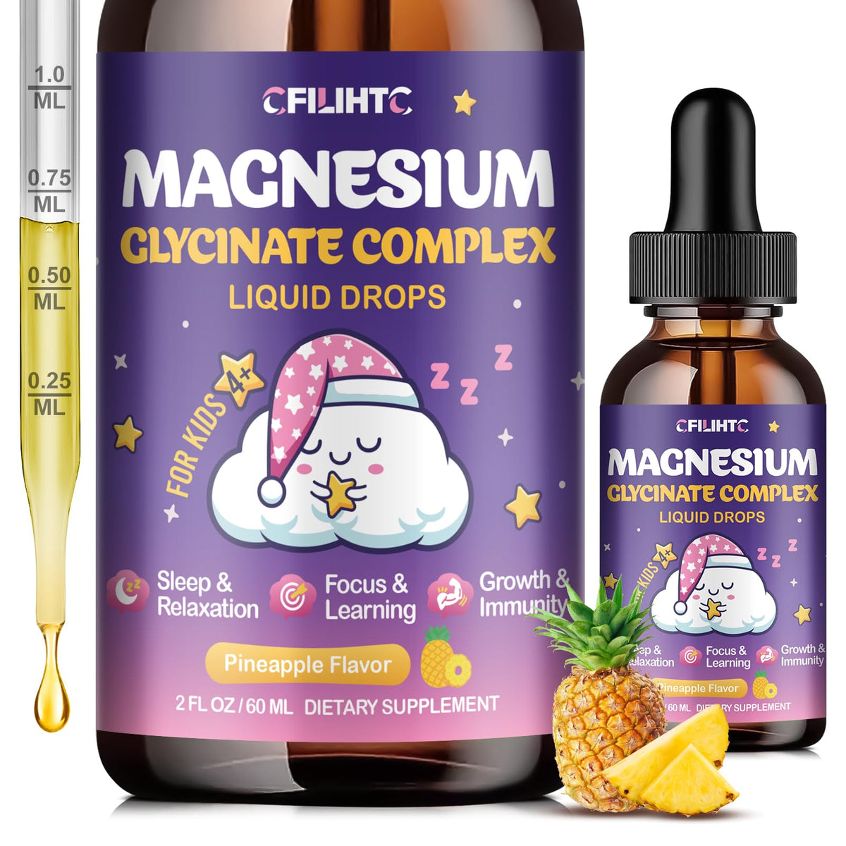 Flacon de gouttes de magnésium glycinate CFILIHTC 200 mg pour enfants, saveur ananas