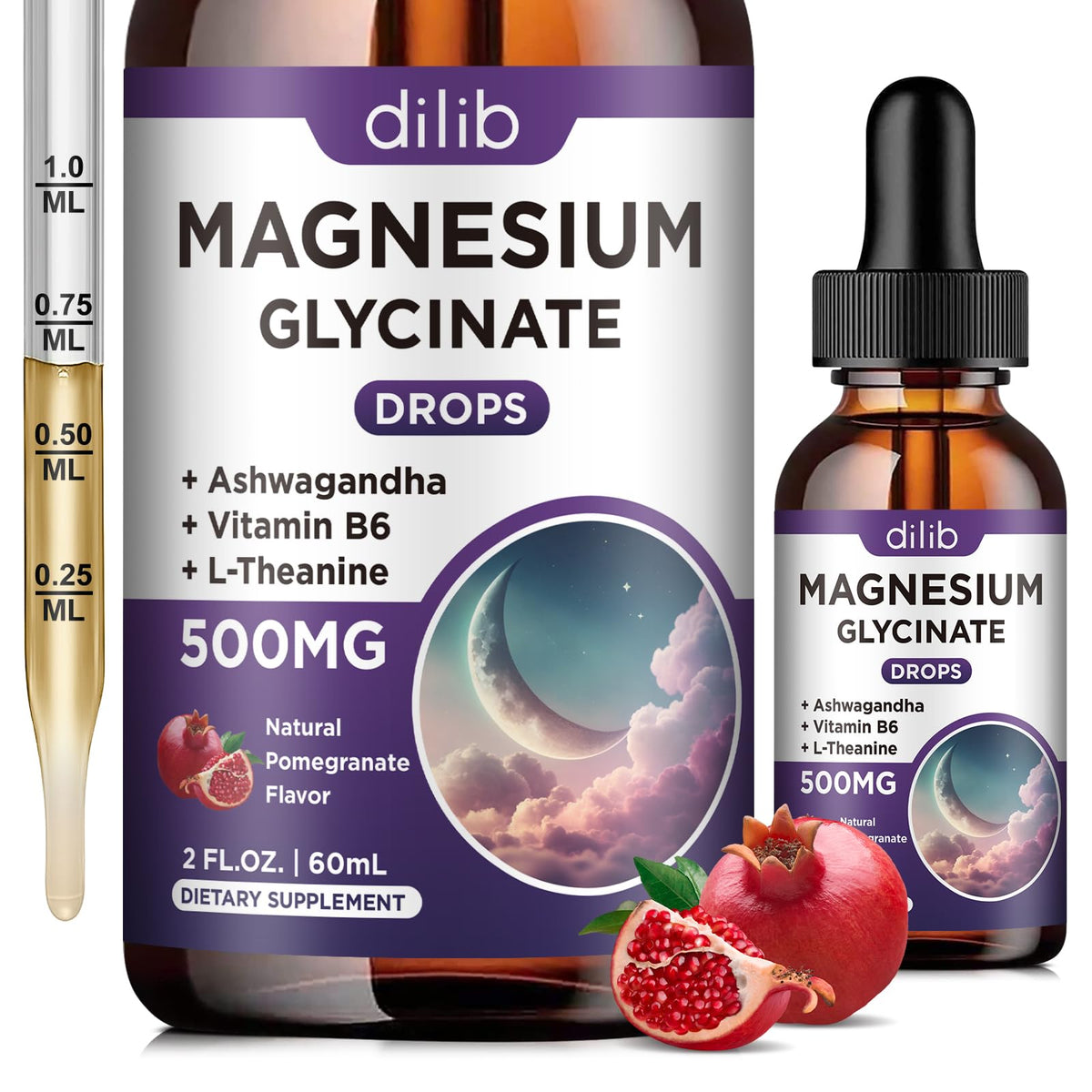 Flacon de gouttes de magnésium glycinate dilib 500 mg avec étiquette