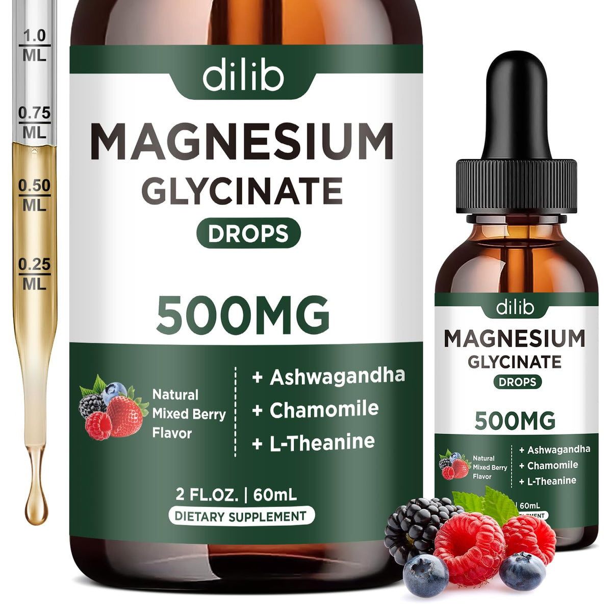 Flacon de gouttes de magnésium glycinate dilib avec étiquette