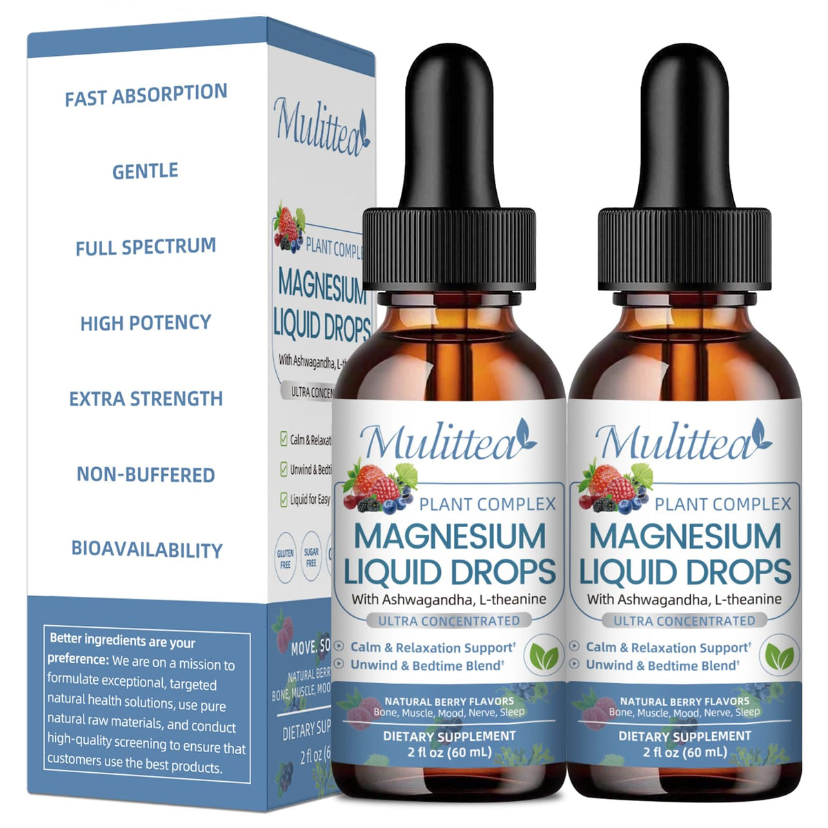 Flacon de gouttes de magnésium glycinate Mulittea 290g vue de face