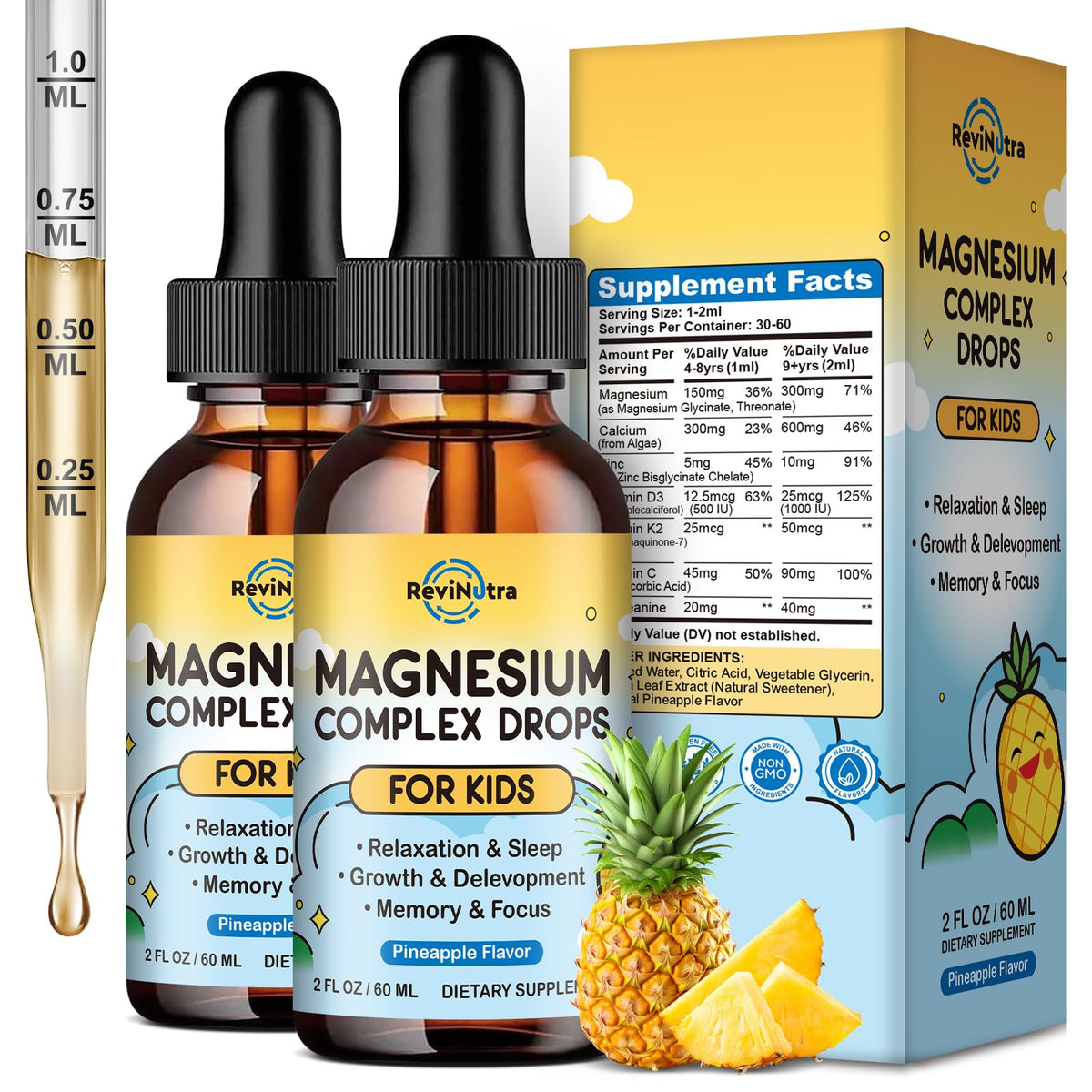 Flacon de gouttes de magnésium glycinate pour enfants ReviNutra, vue de face