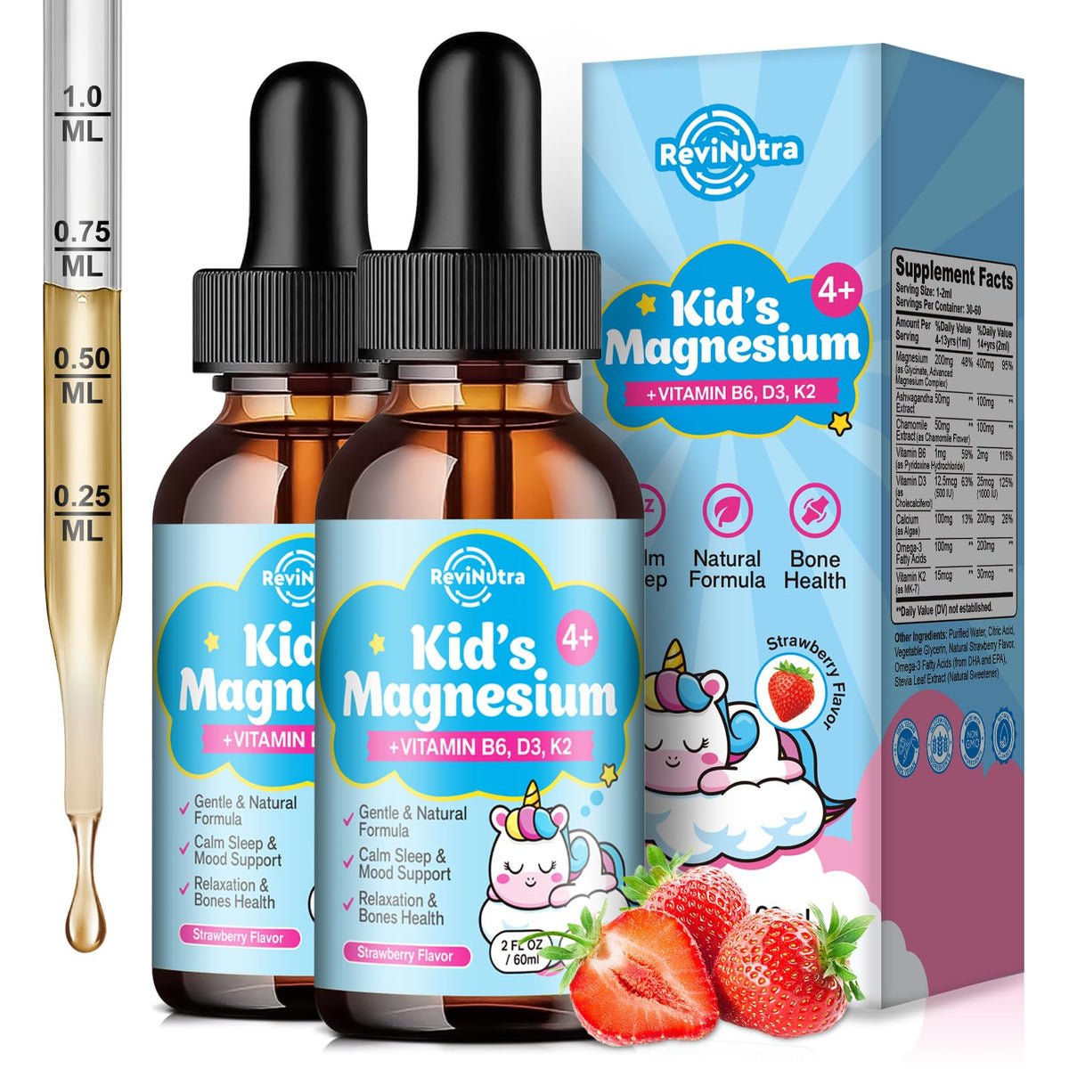Flacon de gouttes de magnésium glycinate pour enfants ReviNutra, vue de face