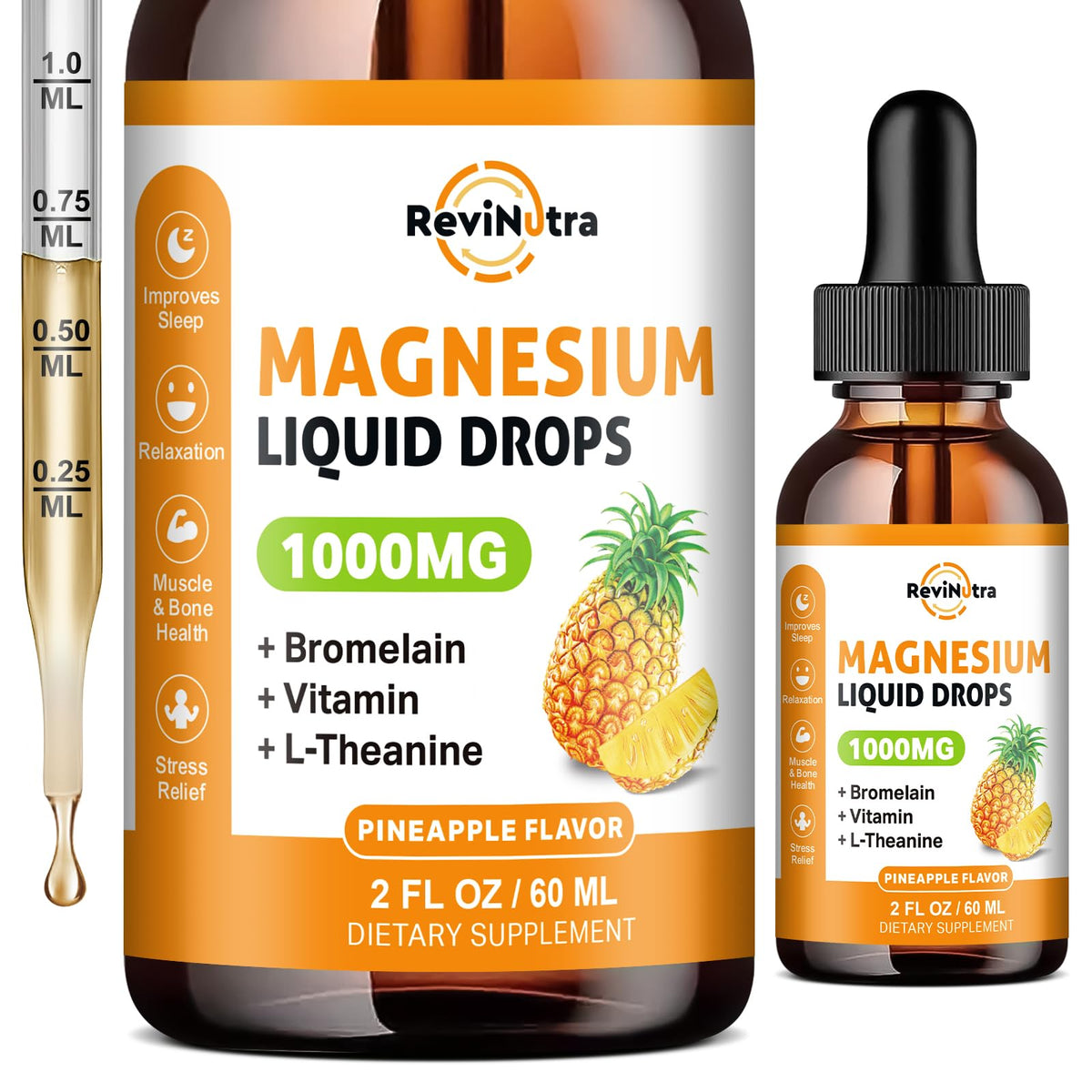 Flacon de gouttes de magnésium glycinate ReviNutra 1000 mg, vue de face