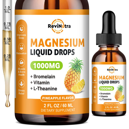 Flacon de gouttes de magnésium glycinate ReviNutra 1000 mg, vue de face