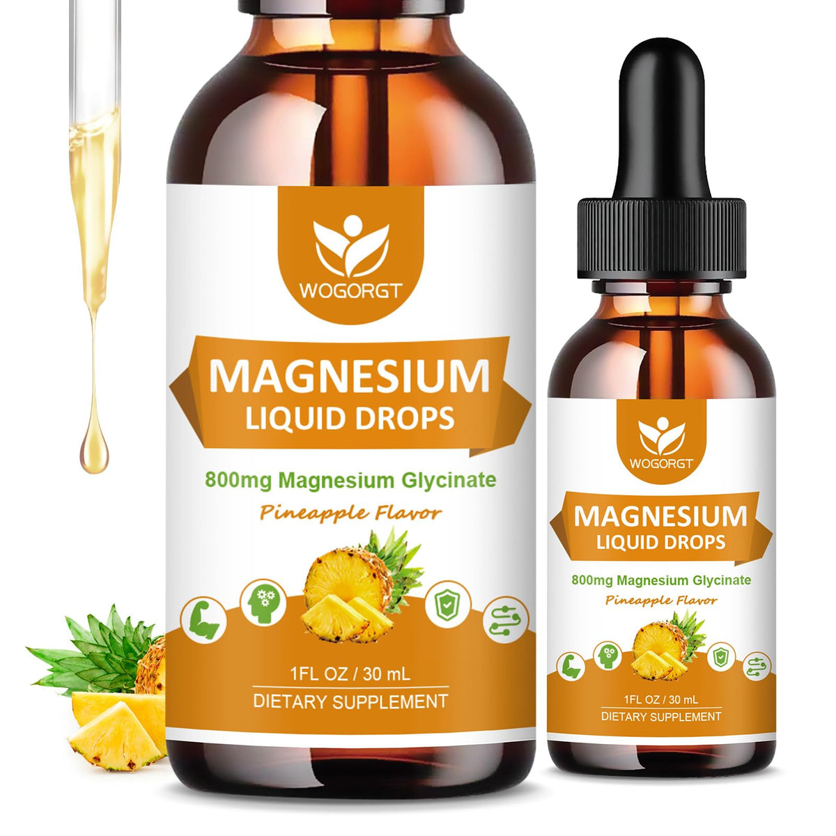 Flacon de gouttes de magnésium glycinate WOGORGT 30mL avec étiquette