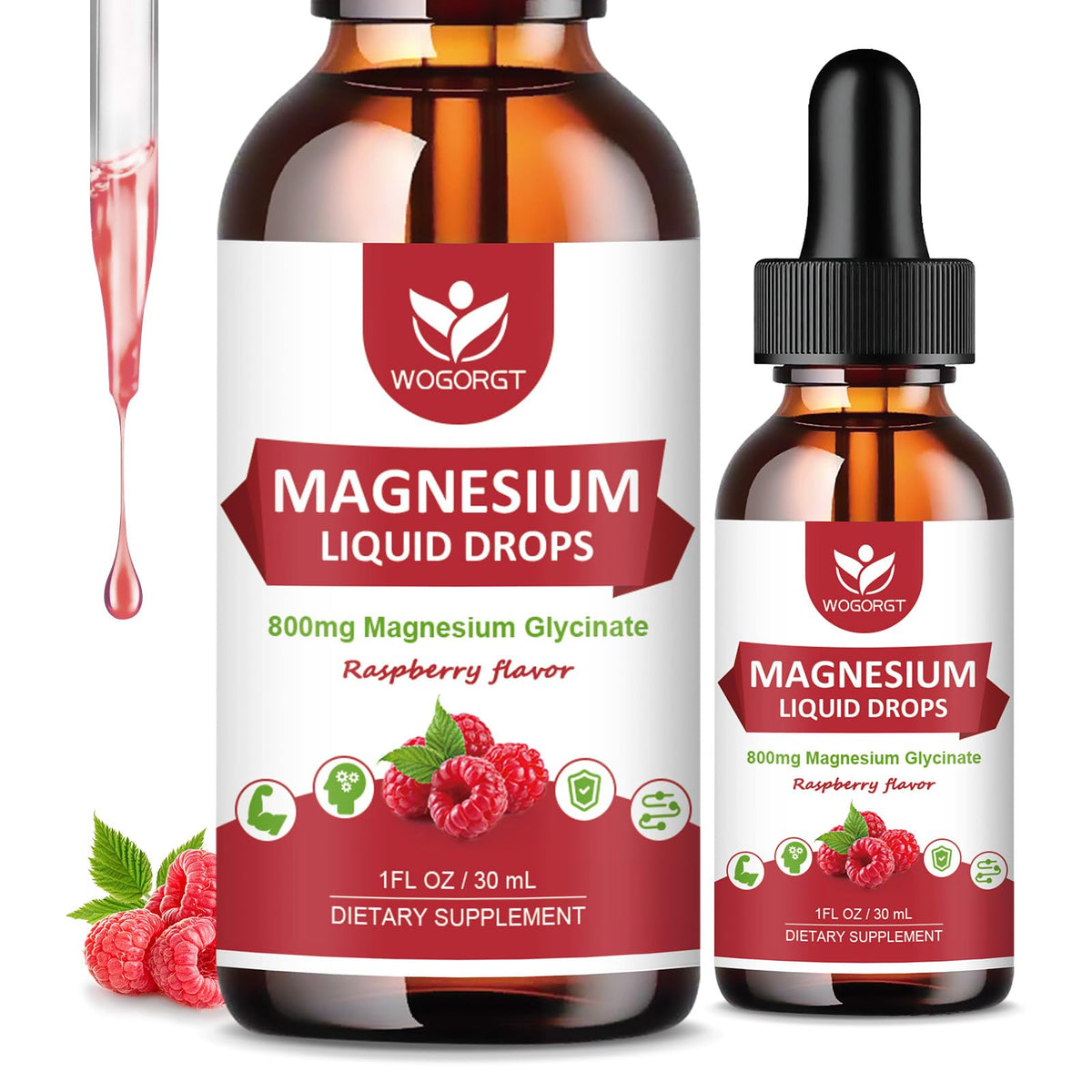 Flacon de gouttes de magnésium glycinate WOGORGT 30mL vue de face