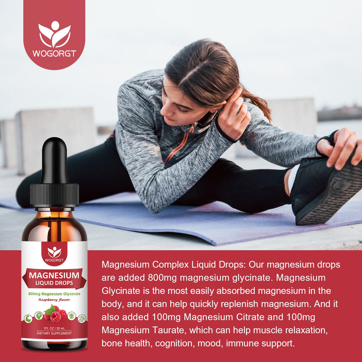 Flacon de gouttes de magnésium glycinate WOGORGT avec fond blanc