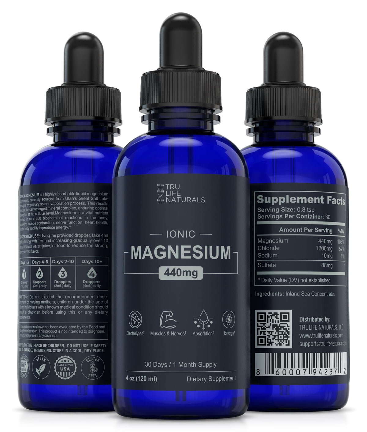 Flacon de gouttes de magnésium ionique TRULIFE NATURALS sur une table en bois
