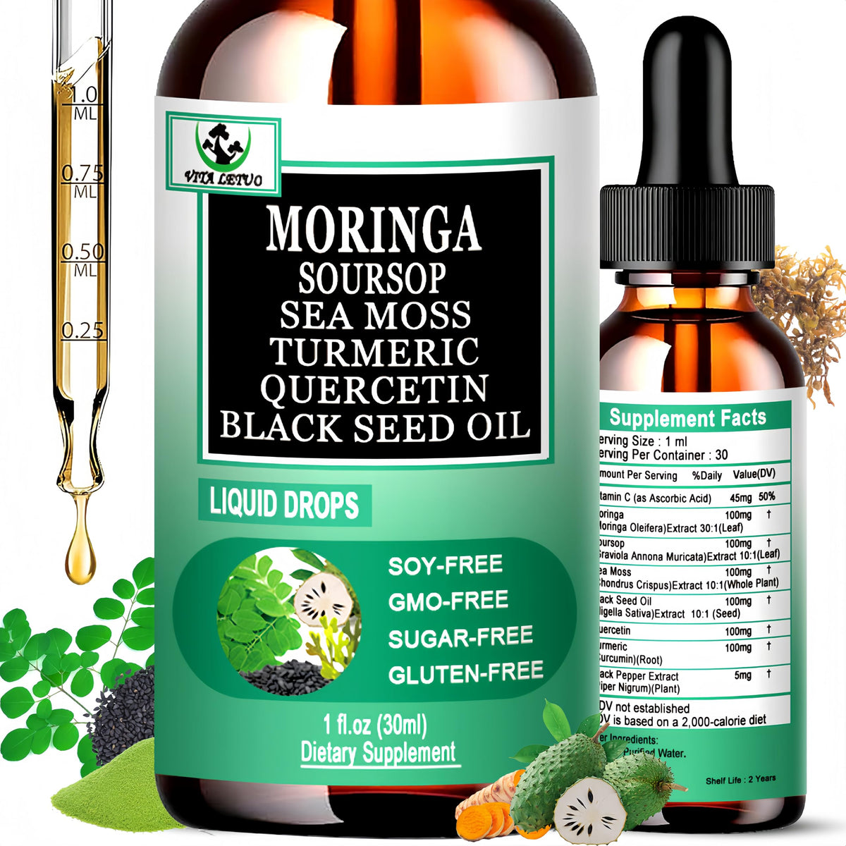 Flacon de gouttes de Moringa Vita letuo avec étiquette visible