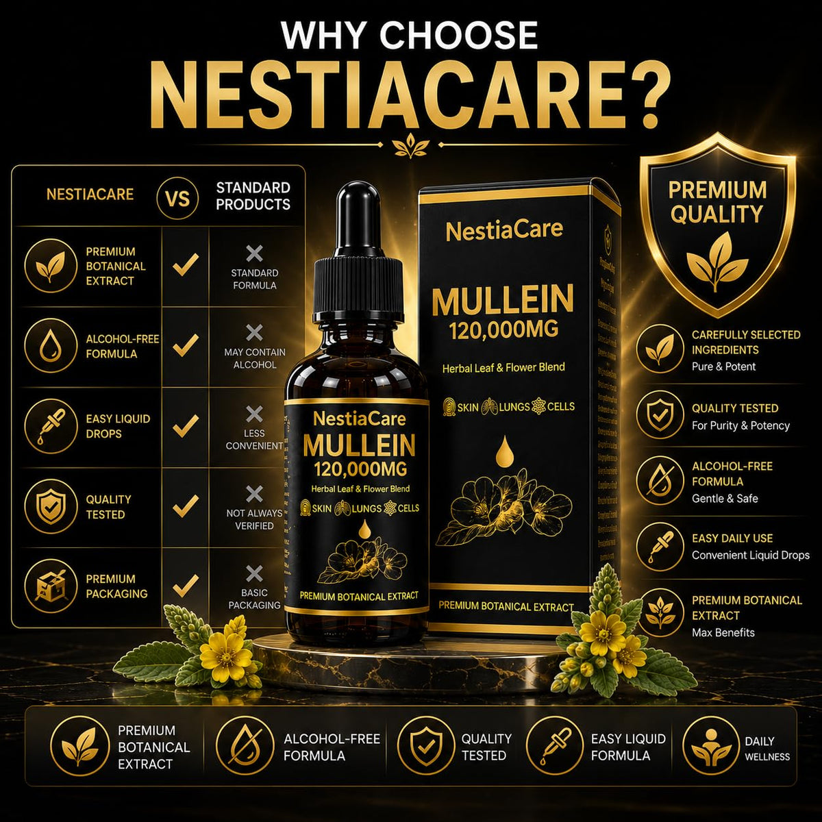 Flacon de gouttes de Mullein de NestiaCare sur une table en bois