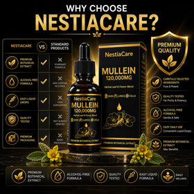 Flacon de gouttes de Mullein de NestiaCare sur une table en bois