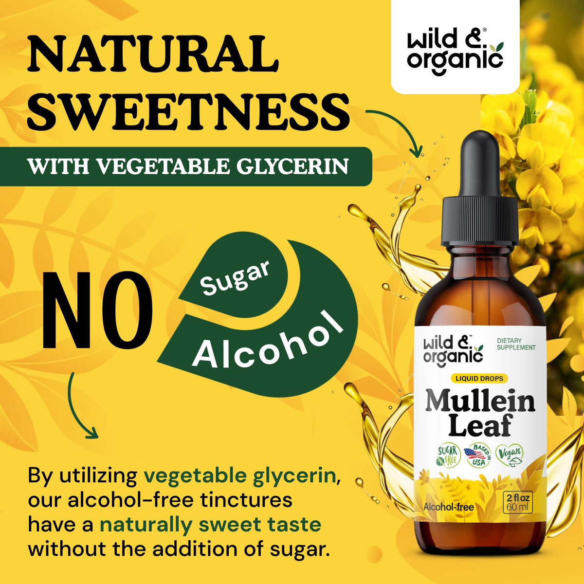 Flacon de gouttes de mullein Wild & Organic sur une table en bois