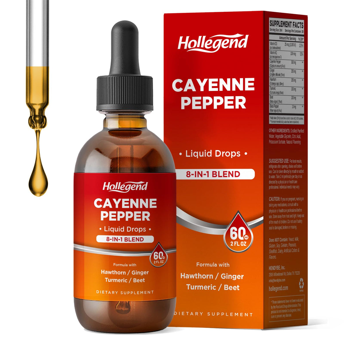 Flacon de gouttes de piment de cayenne HOLLEGEND 500mg avec étiquette